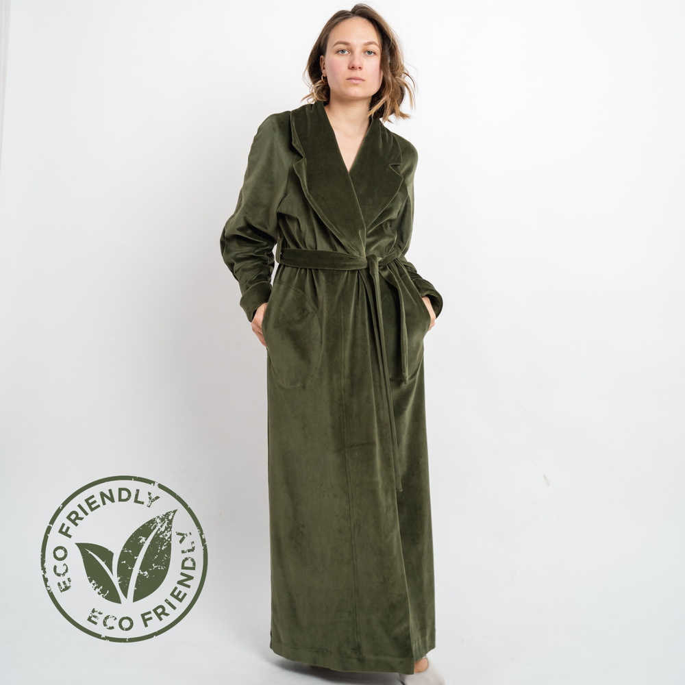 Long Green Kimono Warm Cozy Bridal Robe from Eco Velvet 100% Cotton all Sizes